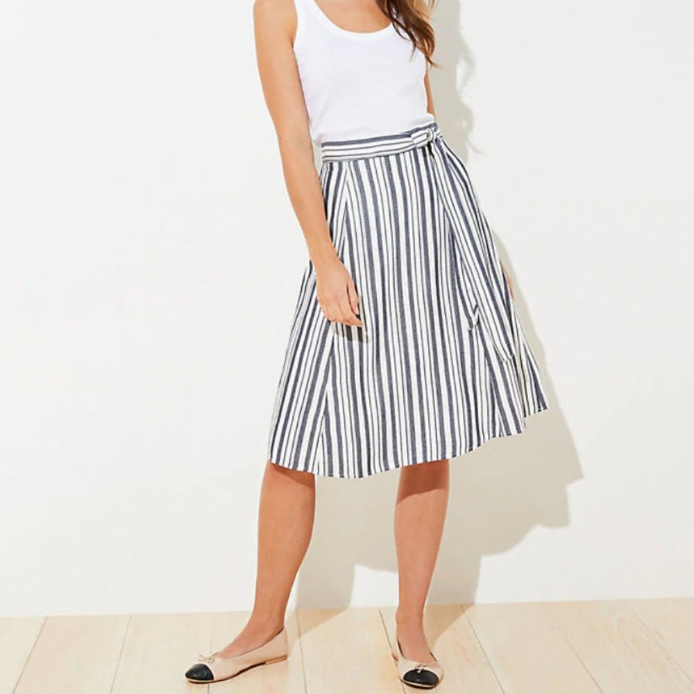 NWT Loft Striped Tie Waist Midi Skirt
